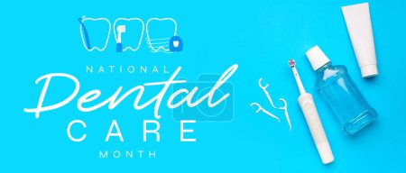 Banner for National Dental Care Month with mouth rinse, brush, paste and floss toothpicks 