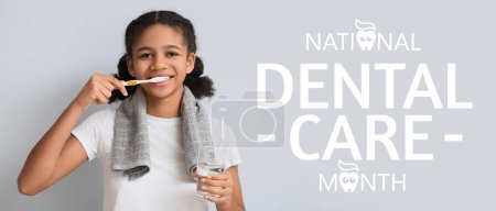 Banner for National Dental Care Month with African-American teenage girl brushing teeth 