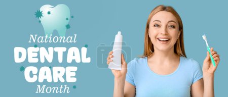 Banner for National Dental Care Month with mature woman holding tooth brush and paste