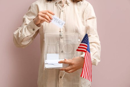 Woman putting ballot paper with word IMPEACH in voting box on pink background