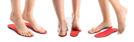 Photo for Set of barefoot people with insoles on white background - Royalty Free Image