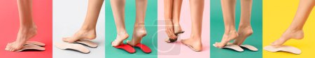 Photo for Set of barefoot people with insoles on colorful background - Royalty Free Image