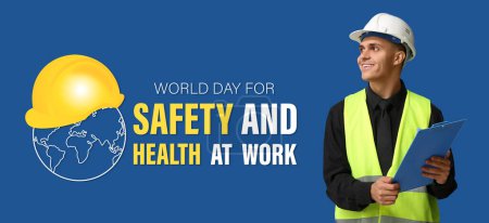 Banner zum Welttag für Sicherheit und Gesundheit am Arbeitsplatz mit Architekt