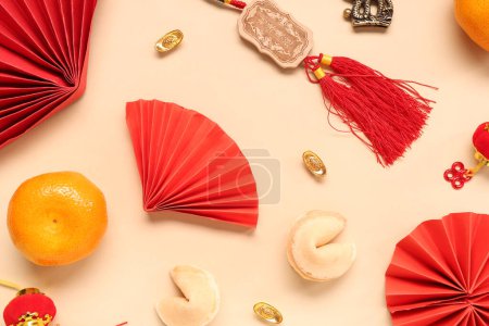 Photo for Fortune cookies with mandarins and Chinese symbols on beige background. New Year celebration - Royalty Free Image