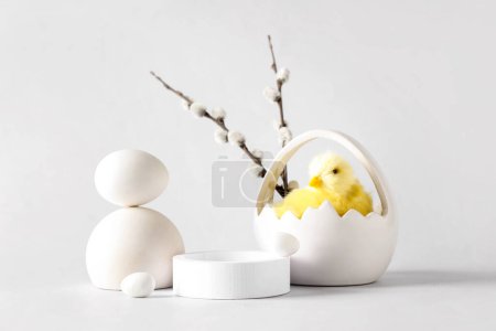 Photo for Decorative podiums with chick and willow branches on grey background. Easter celebration - Royalty Free Image