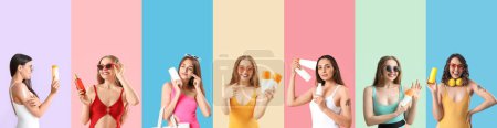 Conjunto de hermosas mujeres jóvenes con crema protector solar sobre fondo de color