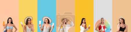 Set von schönen jungen Frauen mit Sonnencreme auf farbigem Hintergrund