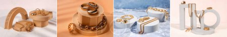Photo for Collage of beautiful golden jewelry on color background - Royalty Free Image