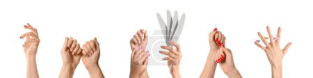 Foto de Collage de manos femeninas con manicura elegante sobre fondo blanco - Imagen libre de derechos