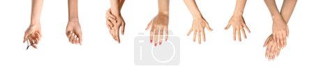 Photo for Collage of female hands with stylish manicure and nail cutter on white background - Royalty Free Image