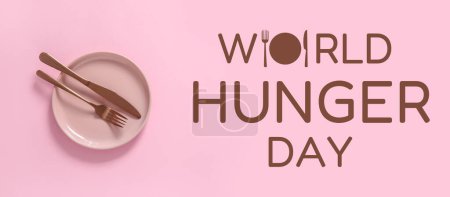 Bannière pour la Journée mondiale de la faim avec assiette, couteau et fourchette