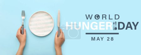 Bannière pour la Journée mondiale de la faim avec une femme à table avec une assiette vide 