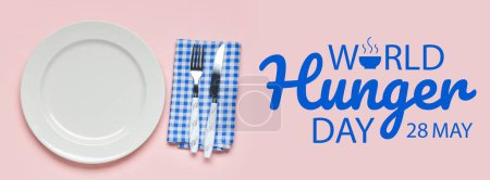 Bannière pour la Journée mondiale de la faim avec assiette, couteau et fourchette