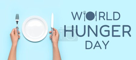 Banner para el Día Mundial del Hambre con la mujer en la mesa con el plato vacío 
