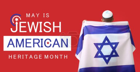 Garçon avec drapeau d'Israël sur fond rouge, vue de dos. Bannière pour le Mois du patrimoine juif américain