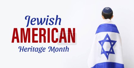 Boy with flag of Israel on light background, back view. Banner for Jewish American Heritage Month
