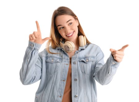 Young woman showing loser gesture on white background