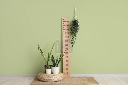 Wooden stadiometer and houseplants near green wall