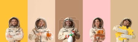 Colección de jóvenes apicultores sobre fondo de color