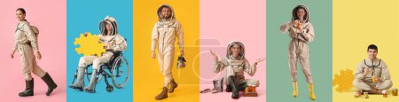 Collage of young beekeepers on color background