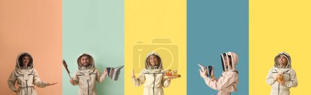 Set of young beekeepers on color background