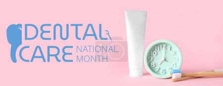Clock, toothpaste and brush on pink background. Banner for National Dental Care Month