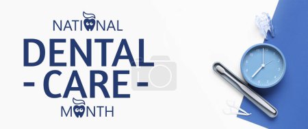 Clock, dental floss and toothbrush on light background. Banner for National Dental Care Month