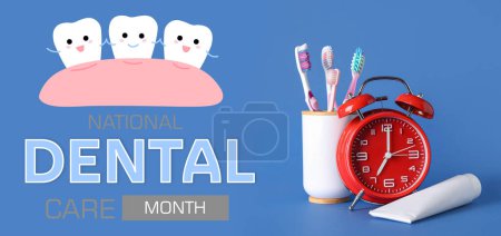 Alarm clock, paste and toothbrushes on blue background. Banner for National Dental Care Month