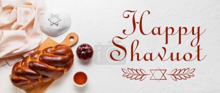 Photo for Greeting banner for Shavuot with traditional challah bread - Royalty Free Image
