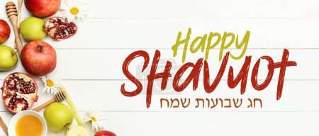 Photo for Greeting banner for Shavuot with honey, pomegranates and apples - Royalty Free Image