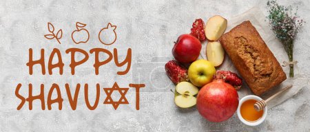 Greeting banner for Shavuot with traditional bread, honey, pomegranate and apples