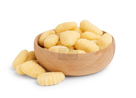 Wooden bowl with tasty gnocchi on white background