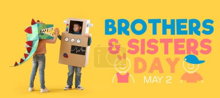 Festive banner for National Brothers and Sisters Day with little children in cardboard costumes