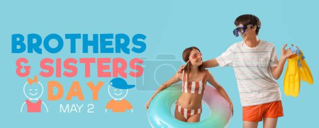 Festive banner for National Brothers and Sisters Day with little children at sea resort