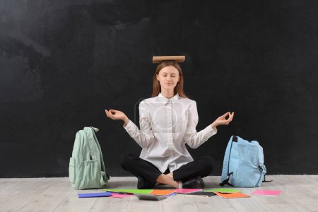 Photo for Female student meditating with book on her head against blackboard background. End of school concept - Royalty Free Image