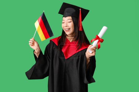 Photo for Asian female graduate student with diploma and flag of Germany on green background - Royalty Free Image