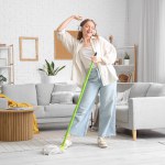 Happy young woman in headphones with mop dancing at home
