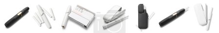 Téléchargez les photos : Ensemble de dispositifs électroniques modernes de cigarette avec des bâtons sur fond blanc - en image libre de droit