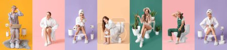 Téléchargez les photos : Ensemble de jeunes femmes avec des bols de toilette sur fond de couleur - en image libre de droit