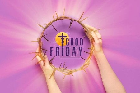 Photo for Poster for Good Friday with hands holding crown of thorns - Royalty Free Image