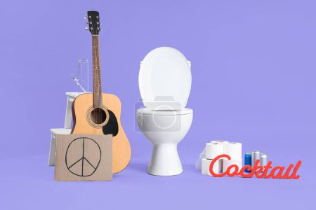 Toilet bowl with soda, peace sign, guitar and paper rolls on lilac background