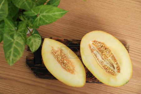 Board with cut fresh melon and houseplant on brown wooden background