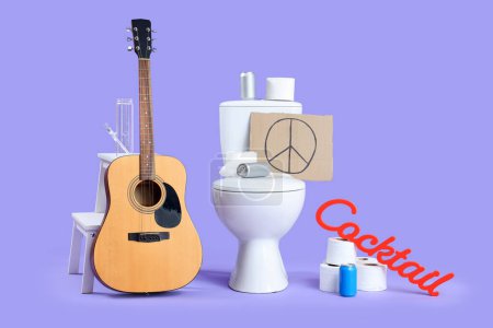 Toilet bowl with soda, peace sign, guitar and paper rolls on lilac background