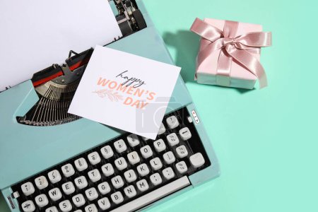 Photo for Vintage typewriter, gift box and postcard for Women's Day on turquoise background - Royalty Free Image