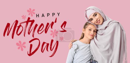 Banner festivo para el feliz Día de la Madre con la joven musulmana y su niña