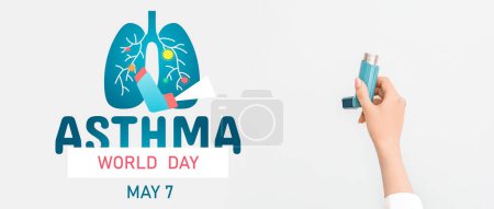 Téléchargez les photos : Bannière de sensibilisation pour la Journée mondiale de l'asthme avec inhalateur portatif - en image libre de droit