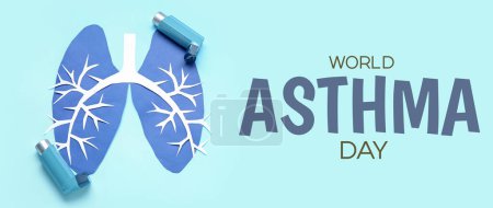 Téléchargez les photos : Bannière de sensibilisation pour la Journée mondiale de l'asthme avec inhalateur et poumons en papier - en image libre de droit
