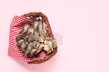 Wicker basket with fresh oyster mushrooms on pink background