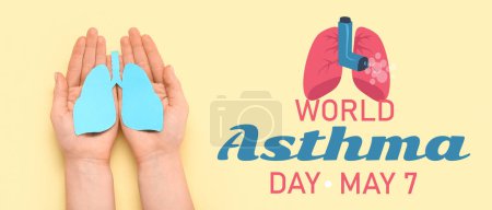 Banner for World Asthma Day with female hands holding paper lungs