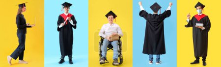 Photo for Collage of graduating students on yellow and blue backgrounds - Royalty Free Image